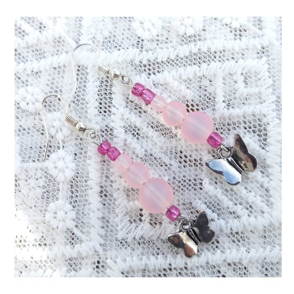 Shades of Pink Glass Beaded Butterfly Earrings - Picture 4 of 4